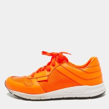 Pre Owned Gucci Neon Orange Perforated Leather Running Sneakers Size 41.5
