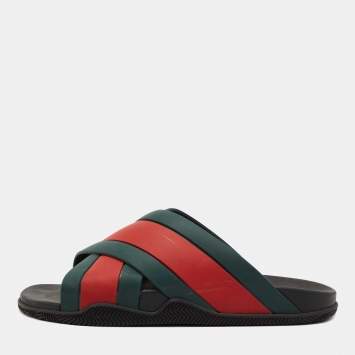 Pre Owned Gucci Red/Green Web Rubber Slides Size 45