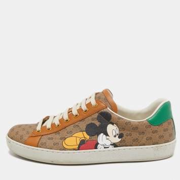 Pre Owned Gucci x Disney Brown/Green Canvas and Leather Ace Low Top Sneakers Size 40.5