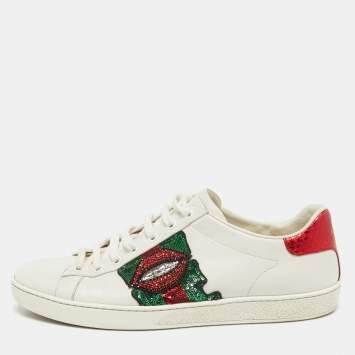 Pre Owned Gucci White Leather Sequin Lips Ace Low Top Sneakers Size 41