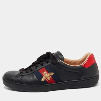 Pre Owned Gucci Black Leather Bee Embroidered Ace Sneakers Size 43.5