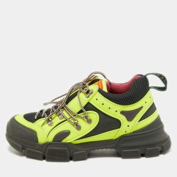 Pre Owned Gucci Green/Black Leather and Mesh Flashtrek Sneakers Size 42