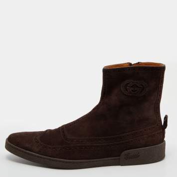 Pre Owned Gucci Dark Brown Suede Brogue Ankle Length Boots Size 43.5