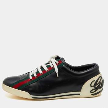 Pre Owned Gucci Black Leather Web Detail Low Top Sneakers Size 43