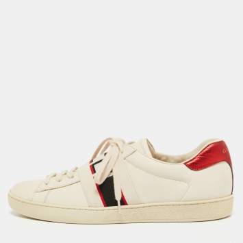 Pre Owned Gucci White Leather Logo Elastic Band Ace Sneakers Size 42