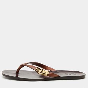 Pre Owned Gucci Brown Leather Thong Flats Size 43