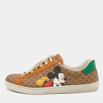 Pre Owned Gucci Brown Leather and Canvas Ace Low Top Sneakers Size 46.5