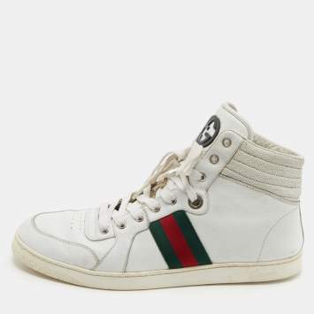 Pre Owned Gucci White Leather Web Detail High Top Sneakers Size 44.5