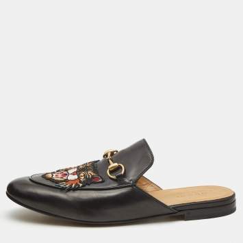Pre Owned Gucci Black Leather Princetown Mules Size 44