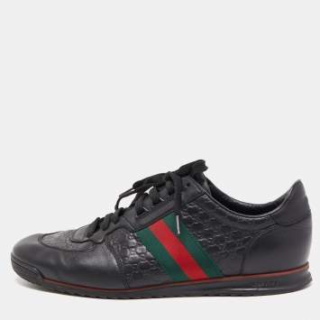 Pre Owned Gucci Black Guccissima Leather Web Low Top Sneakers Size 44