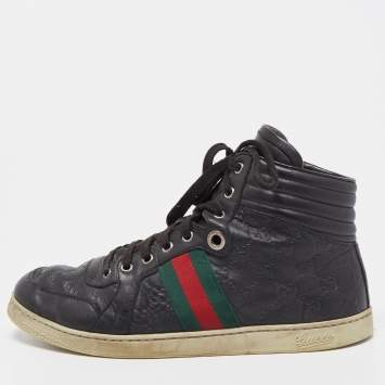 Pre Owned Gucci Black Guccissima Leather Web Detail High Top Sneakers Size 43.5
