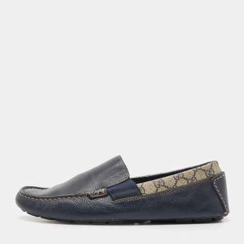 Pre Owned Gucci Navy Blue/Beige Leather and GG Supreme Canvas Slip On Loafers Size 45