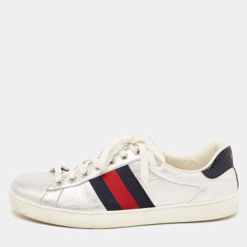 مملوكة مسبقًا Gucci Silver Leather Ace Sneakers Size 43