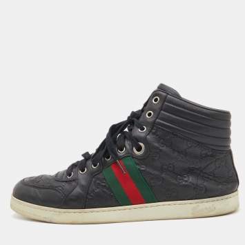 Pre Owned Gucci Black Guccissima Leather Web Detail High Top Sneakers Size 43.5