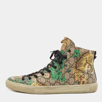 Pre Owned Gucci Brown/Beige GG Supreme Canvas Bengal Tiger High Top Sneakers Size 44