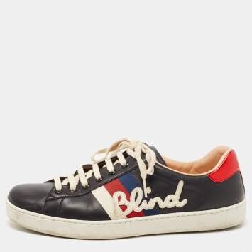 Pre Owned Gucci Black/Red Leather Ace Web Detail Blind For Love Low Top Sneakers  Size 43.5