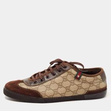 Pre Owned Gucci Brown/Beige Suede and GG Supreme Canvas Barcelona Sneakers Size 43.5