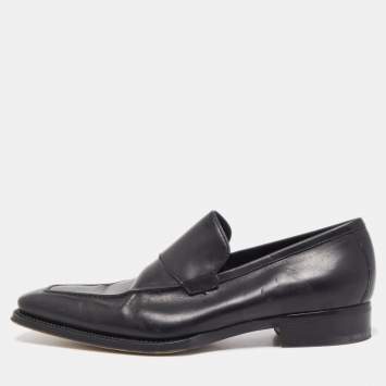 Pre Owned Gucci Black Leather Web Penny Loafers Size 41.5
