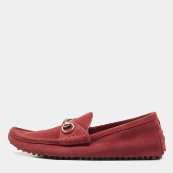 Pre Owned Gucci Red Suede Horsebit Slip On  Loafers Size 42