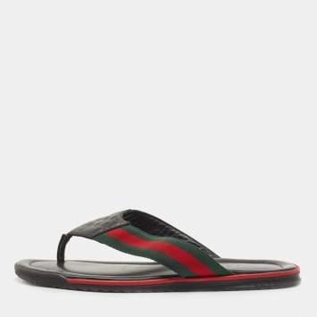 Pre Owned Gucci Black Leather Web Thong Sandals Size 41.5