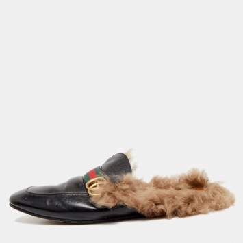 Pre Owned Gucci Black Leather And Fur Lined GG Web Princetown Mules Size 46