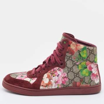 Pre Owned Gucci Beige/Pink Bloom GG Supreme Canvas and Suede High Top Sneakers Size 39