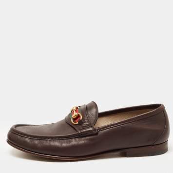 مملوكة مسبقًا Gucci Dark Brown Leather Web Horsebit Loafers Size 46