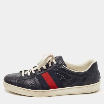 Pre Owned Gucci Navy Blue Guccissima Leather Ace Sneakers Size 41.5 