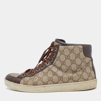 Pre Owned Gucci Brown/Beige GG Supreme Canvas and Leather High Top Sneakers Size 44