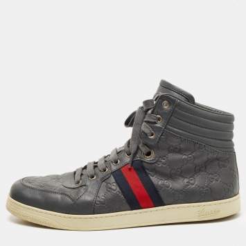 Pre Owned Gucci Grey Guccissima Leather Web High Top Sneakers Size 44.5
