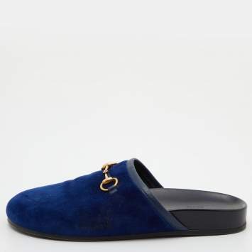Pre Owned Gucci Blue Velvet River Horsebit Mules Size 37.5