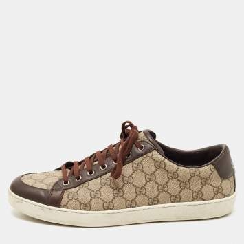 Pre Owned Gucci Beige/Brown GG Supreme Canvas and Leather Low Top Sneakers Size 46