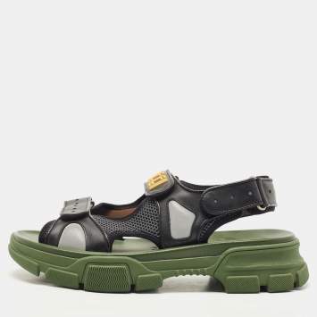 Pre Owned Gucci Black/Green Leather and Mesh Sega Sandals Size 44