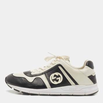Pre Owned Gucci Whte/Black Leather Interlocking G Logo Low Top Sneakers Size 45.5