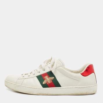 مملوكة مسبقًا Gucci White Leather Embroidered Bee Ace Sneakers Size 45
