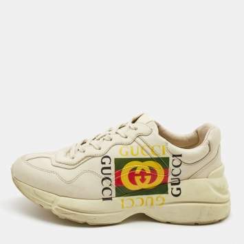 Pre Owned Gucci Cream Leather Logo Print Rhyton Sneakers Size 39.5