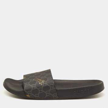 Pre Owned Gucci Black GG Supreme Canvas Tiger Flat Slides Size 45.5