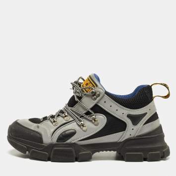 Pre Owned Gucci Black/Grey Mesh and Leather Flashtrek Sneakers Size 43