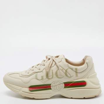 Pre Owned Gucci Beige Leather Rhyton Vintage Logo Low Top Sneakers Size 43
