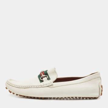 مملوكة مسبقًا Gucci White Leather Web Horsebit Loafers Size 41