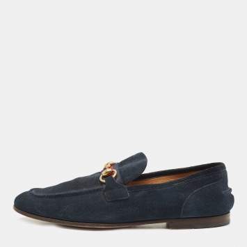 Pre Owned Gucci Navy Blue Suede Web Horsebit Loafers Size 41