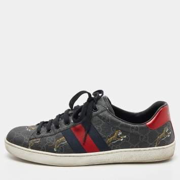 Pre Owned Gucci Black GG Supreme Canvas Tiger Print Ace Sneakers Size 42