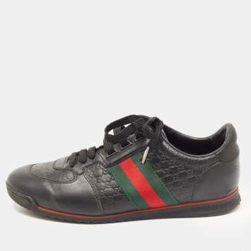 Pre Owned Gucci Black Microguccissima Leather Web Low Top Sneakers Size 40.5