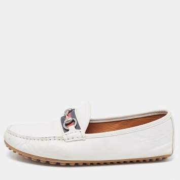 Pre Owned Gucci White Leather Horsebit Web Loafers Size 42