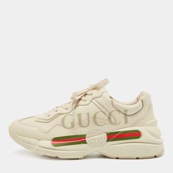 Pre Owned Gucci Cream Leather Rhyton Low Top Sneakers Size 41.5