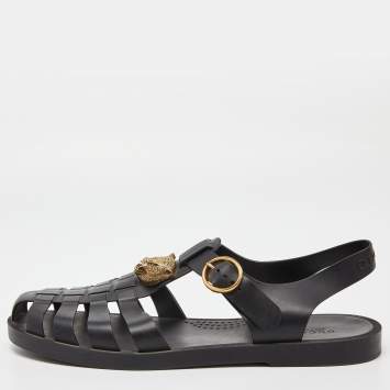 Pre Owned Gucci Black Rubber Tiger Head Caged Sandals Size 43