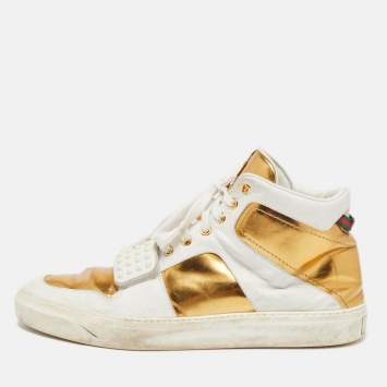 Pre Owned Gucci White/Gold Leather Lace Up High Top Sneakers Size 44