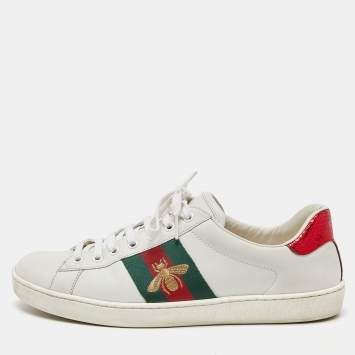 Pre Owned Gucci White Leather and Watersnake Leather Ace Bee Embroidered Sneakers Size 42.5