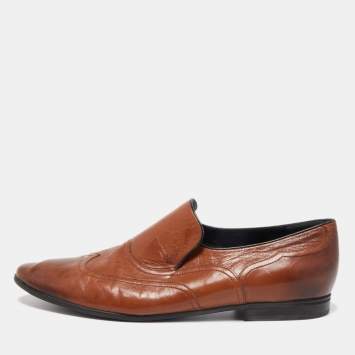 Pre Owned Gucci Brown Leather Slip On Loafers Size 45.5