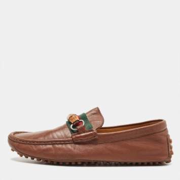 Pre Owned Gucci Brown Leather Bamboo Horsebit Web Loafers Size 45